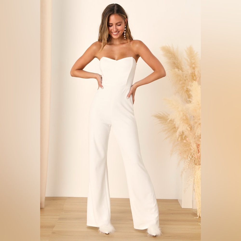 Lulu's Strapless White Wide-Leg Jumpsuit